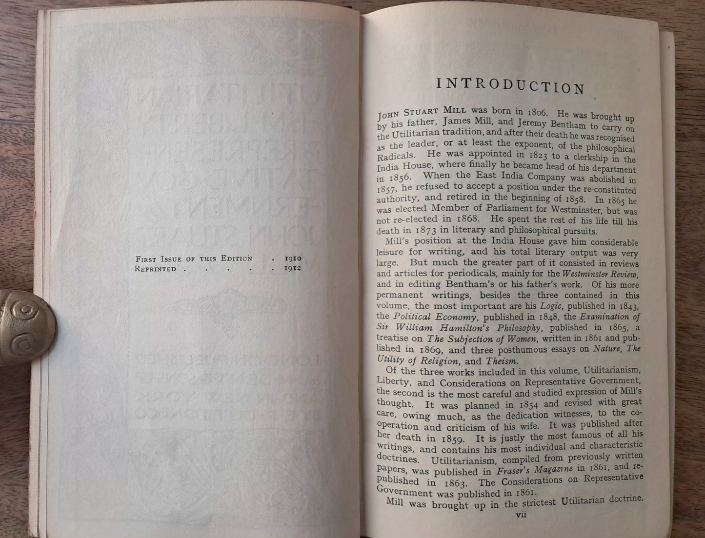 John Stuart Mill – Utilitarianism, Liberty & Representative Government | First Edition, Second Impression (1912)