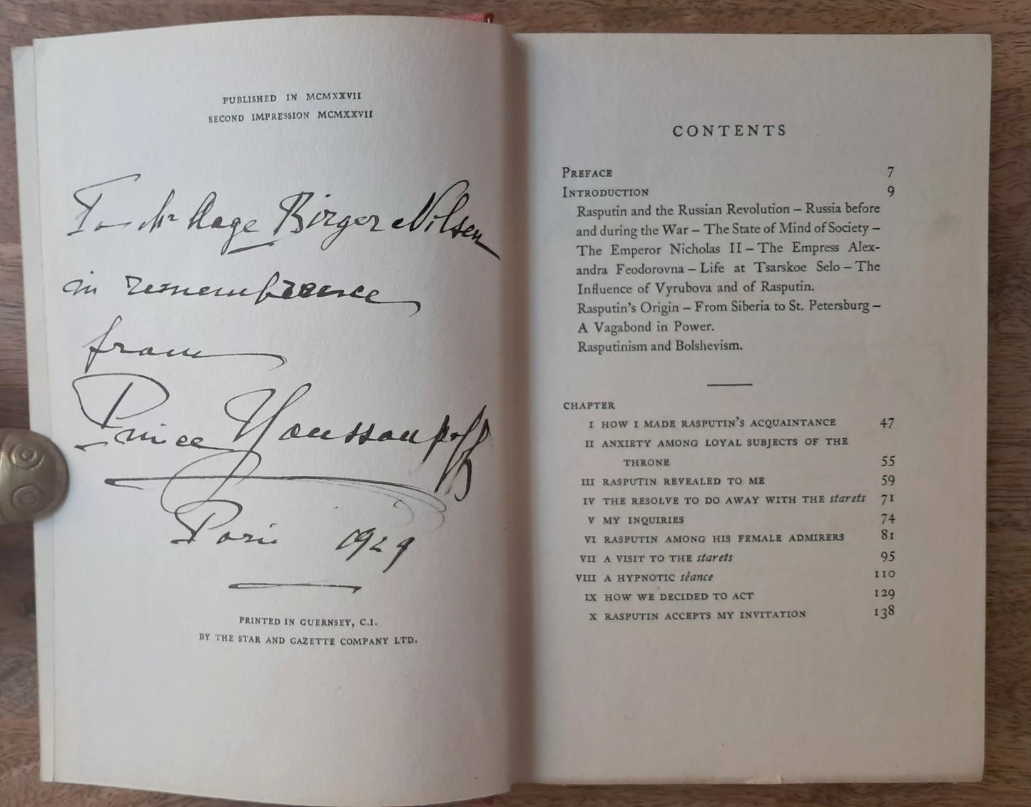 Prince Felix Yusupov. Rasputin: His Malignant Influence and His Assassination. Signed Presentation Copy, Paris 1929.