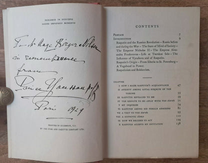 Prince Felix Yusupov. Rasputin: His Malignant Influence and His Assassination. Signed Presentation Copy, Paris 1929.